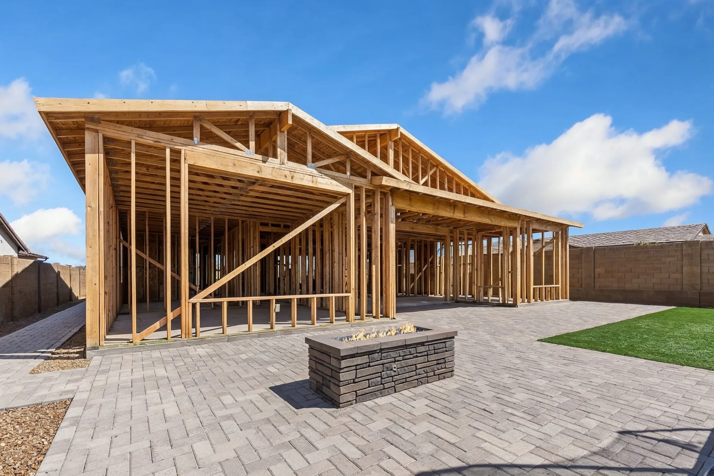 Large ADU construction project in Los Angeles backyard showing advanced framing and structural build phase