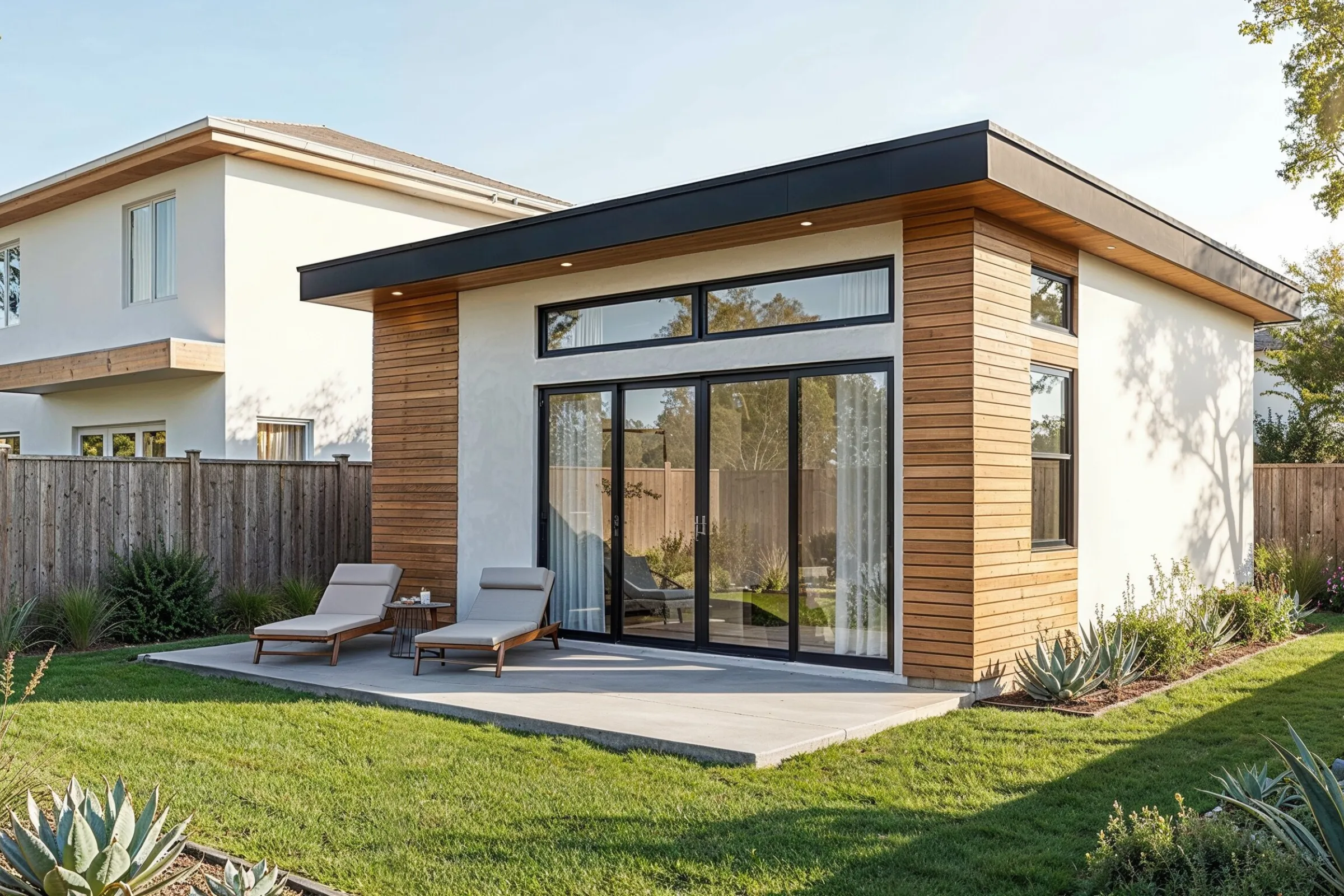 Modern ADU architectural design in Los Angeles featuring backyard unit concept with large windows and contemporary exterior layout