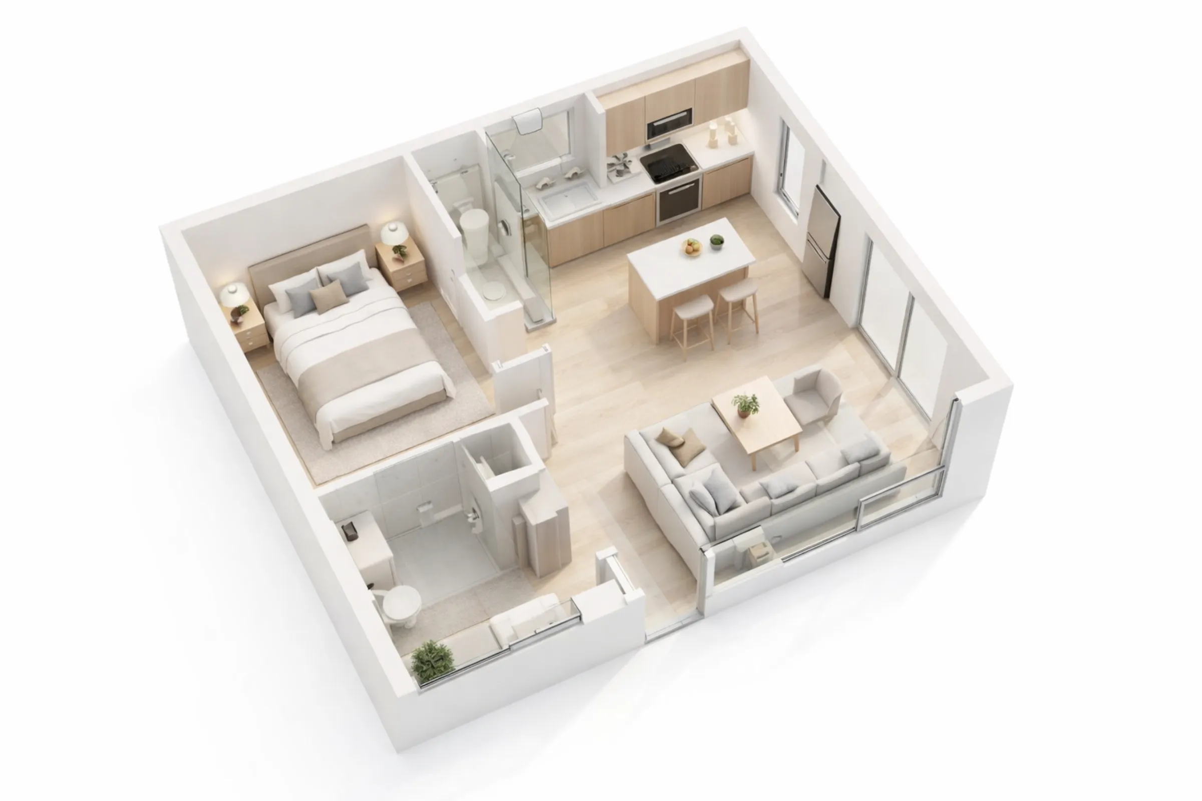 3D ADU floor plan Los Angeles showing open concept interior layout with kitchen living area bedroom and bathroom configuration