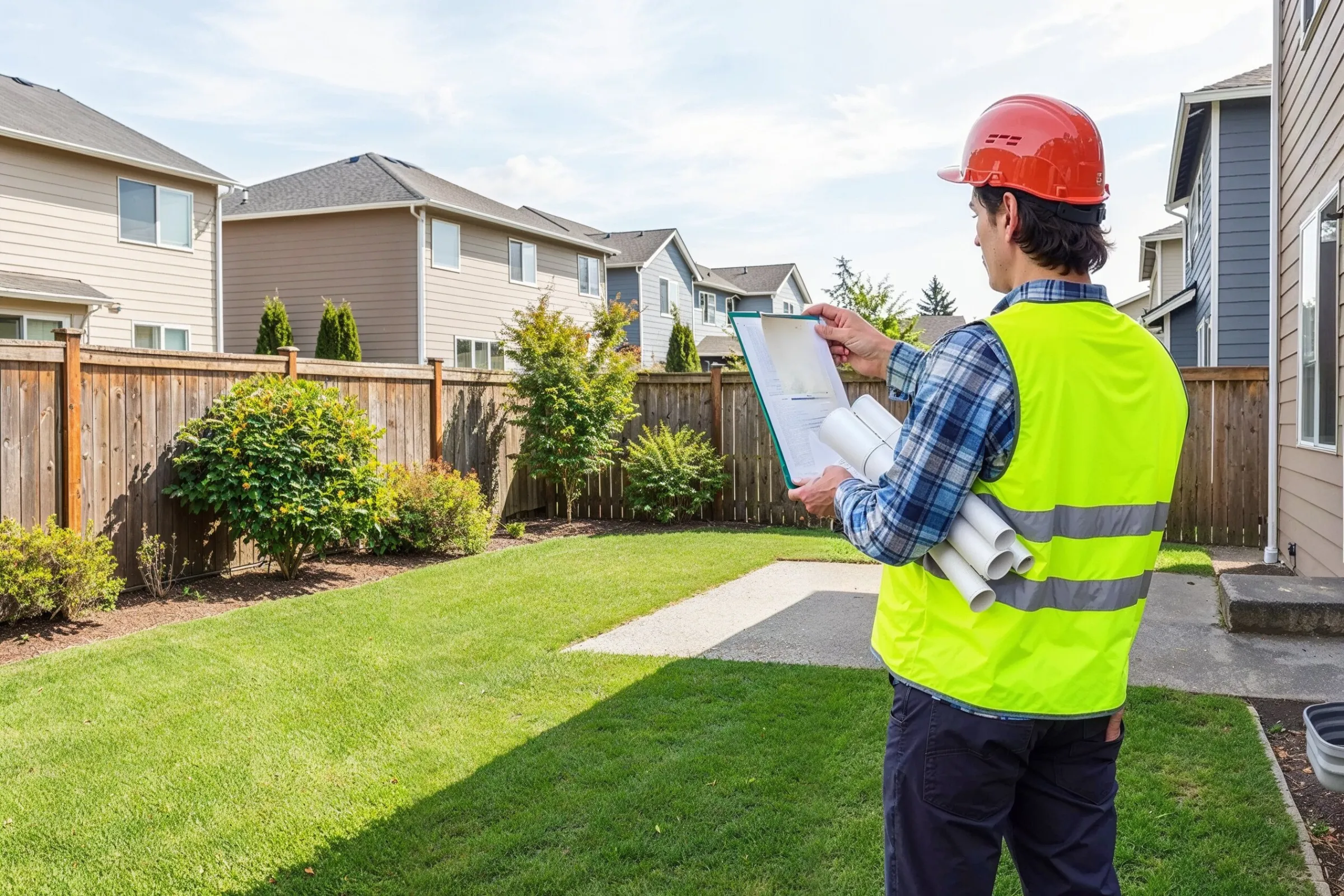 Los Angeles ADU permit process showing contractor performing site evaluation and property inspection for planning approval