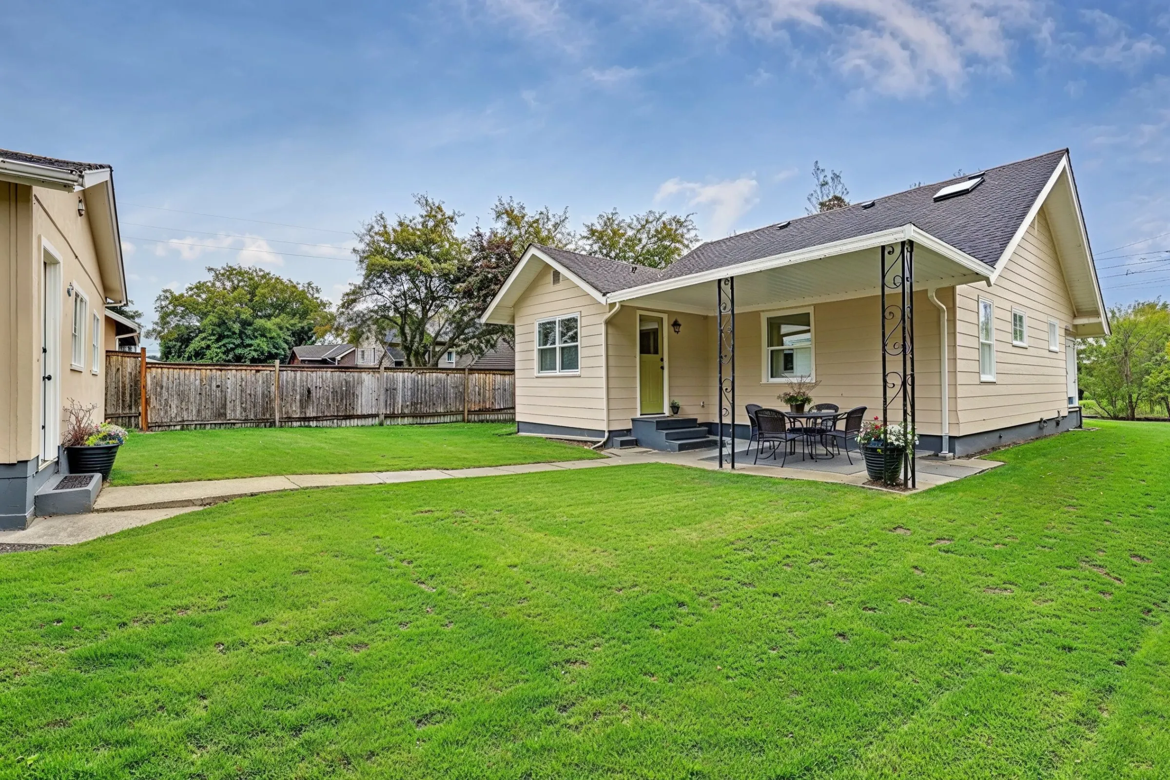 Completed detached ADU in Los Angeles backyard with lawn patio area and residential privacy fencing